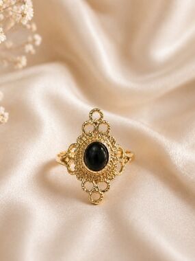 Gold Filigree Ring with Black Onyx Accent